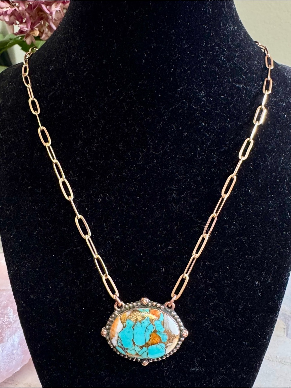 20” COPPER Spiny Oyster Turquoise Stone Pendant Necklace with Paper clip chain